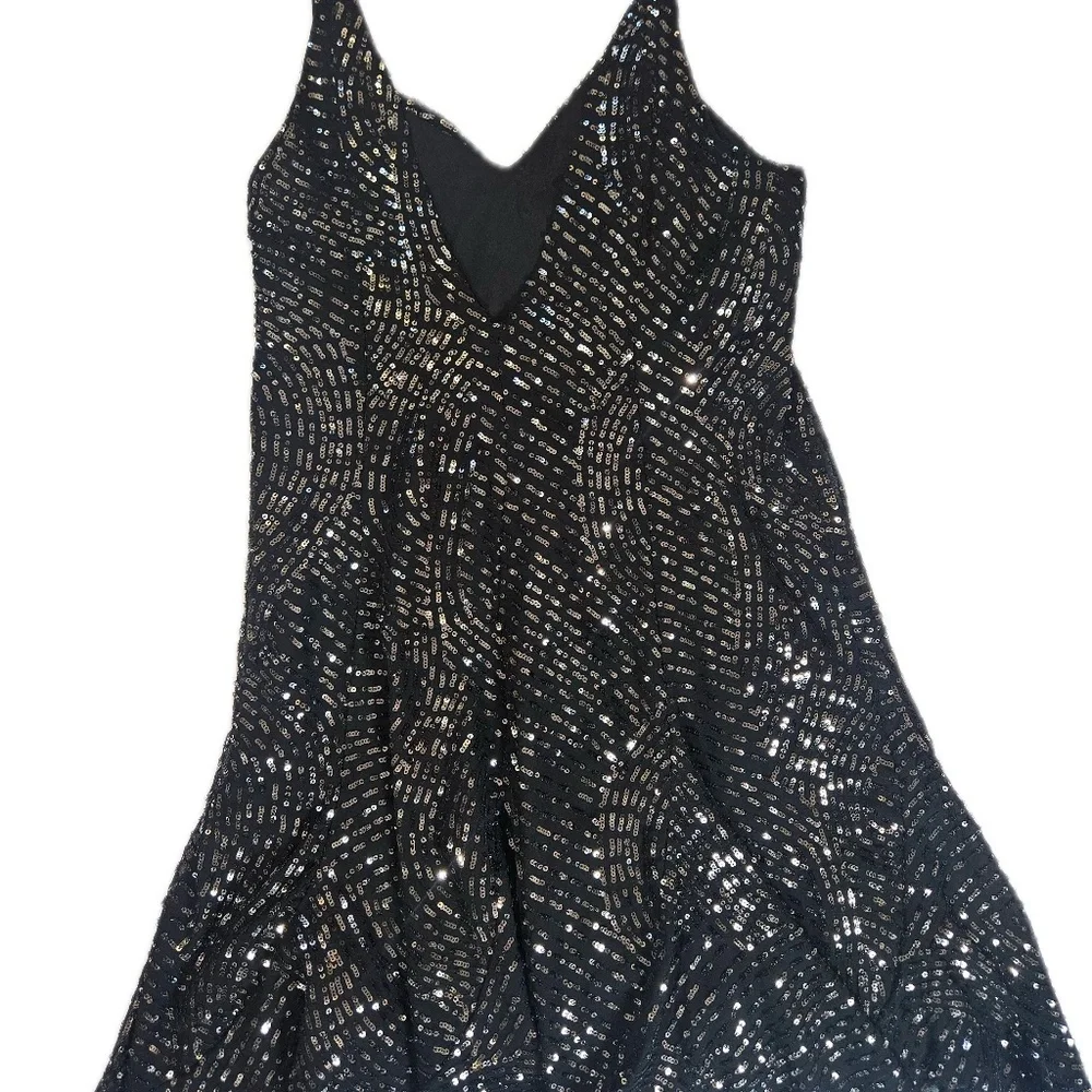 Topshop Sequin Cocktail Dress Womens 4‎ Black Mini Spaghetti Strap Party Flare